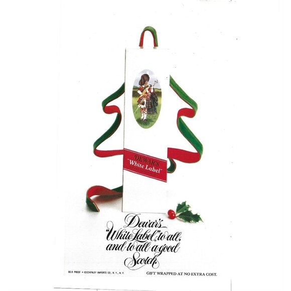 Dewars White Label Holiday Christmas Tree Ribbon Scotch Whisky Print AD 1970s - Picture 1 of 2